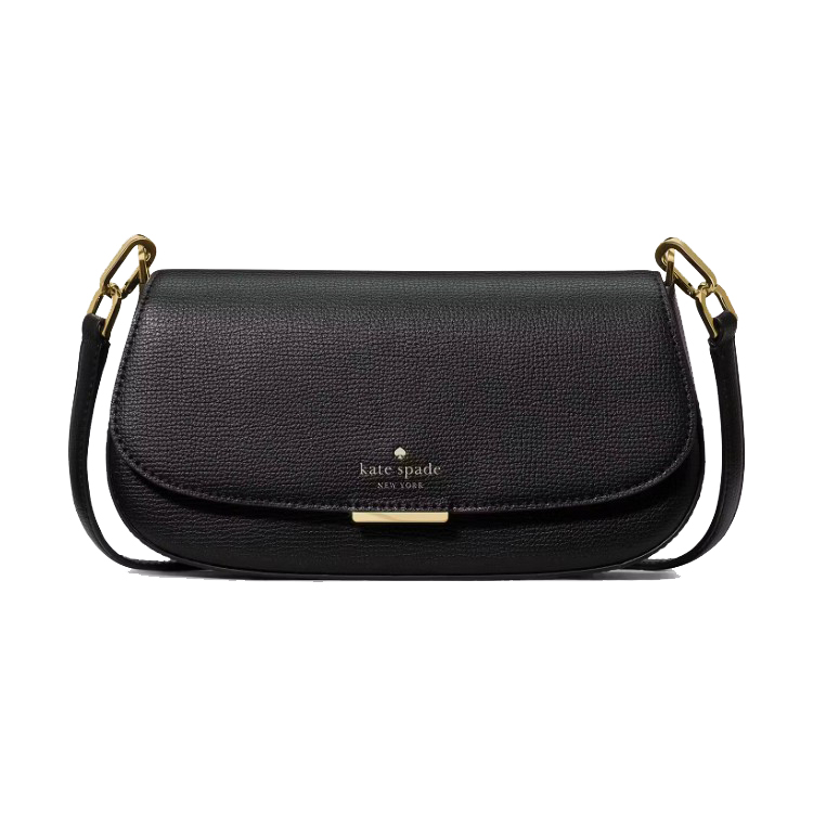 A black Kate Spade New York crossbody bag with a textured leather surface and gold hardware accents, featuring a flap closure and detachable strap.
