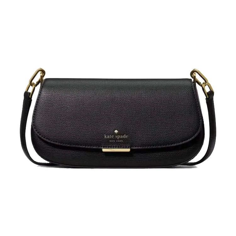 A black Kate Spade New York crossbody bag with a textured leather surface and gold hardware accents, featuring a flap closure and detachable strap.