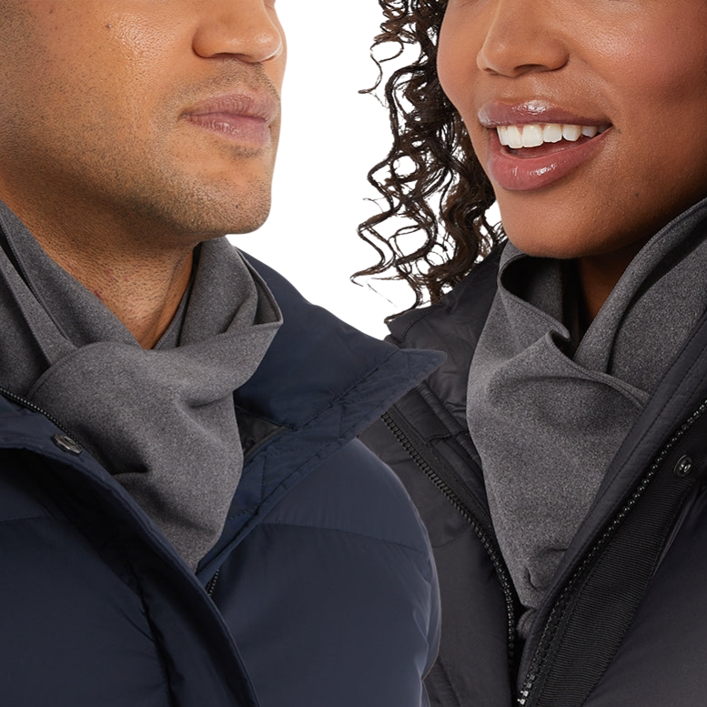 Two people are wearing dark puffer jackets and grey scarves. Both jackets are zippered, with one navy and the other black, showcasing a cozy and coordinated winter look.