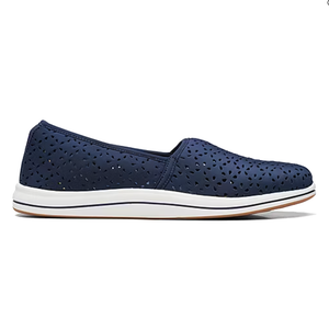 A navy blue slip-on shoe with a perforated design and a white sole.