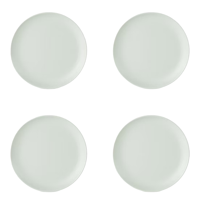 Set of four light gray, round plates.