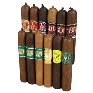 A selection of ten cigars with various colorful bands, featuring different brands and designs, arranged in two rows.