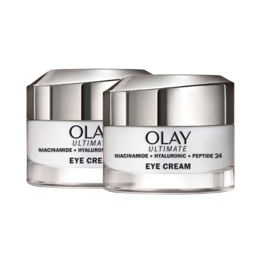 Olay Ultimate Eye Cream with Niacinamide, Hyaluronic Acid, and Peptide 24, shown in two jars.