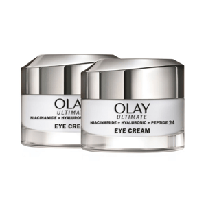 Olay Ultimate Eye Cream with Niacinamide, Hyaluronic Acid, and Peptide 24, shown in two jars.