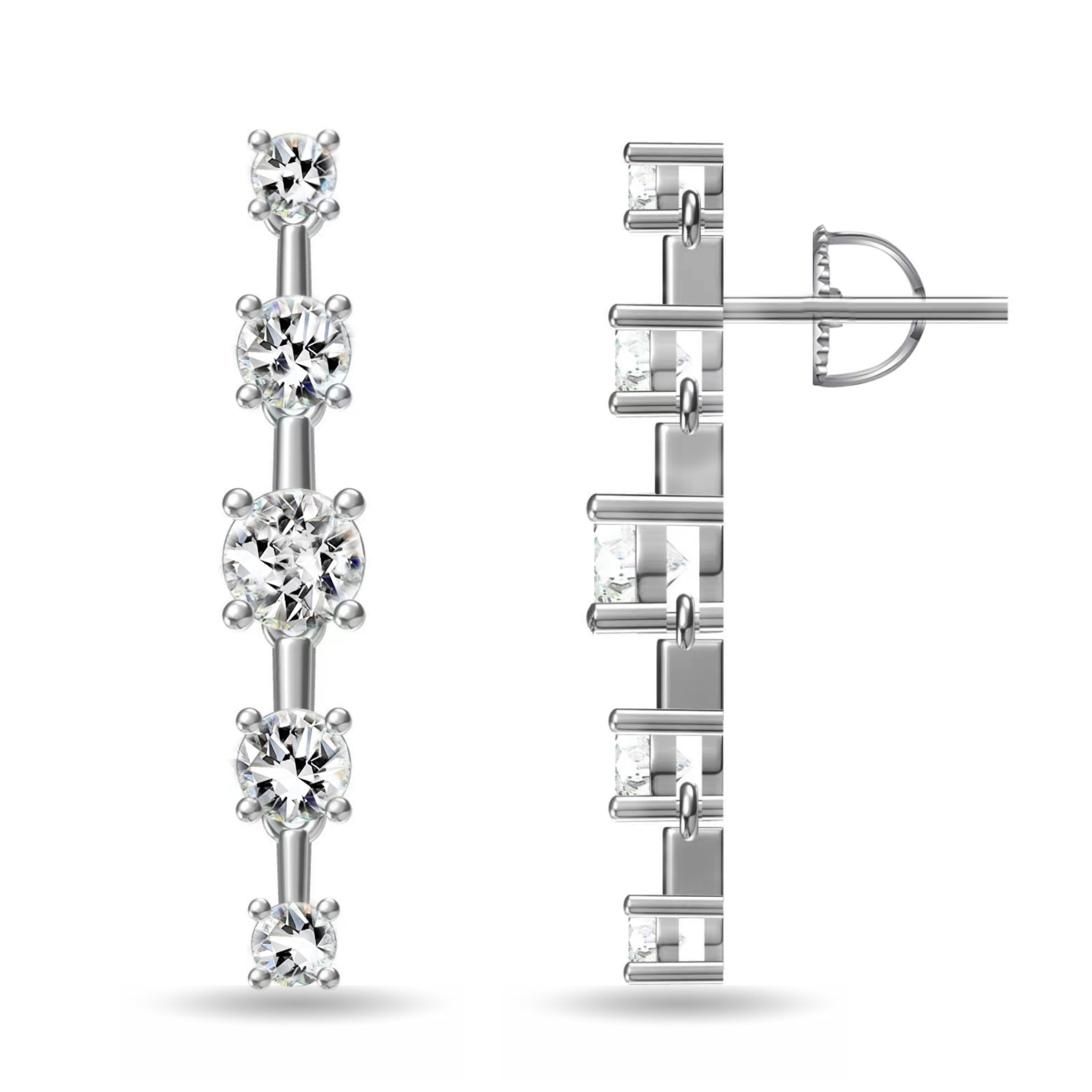 Pair of silver drop earrings featuring four round, clear stones in a vertical line, secured with metal prongs and a post back closure.