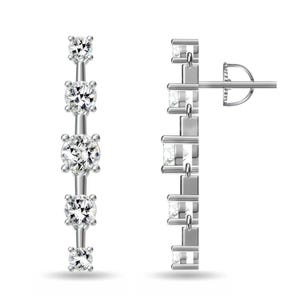 Pair of silver drop earrings featuring four round, clear stones in a vertical line, secured with metal prongs and a post back closure.