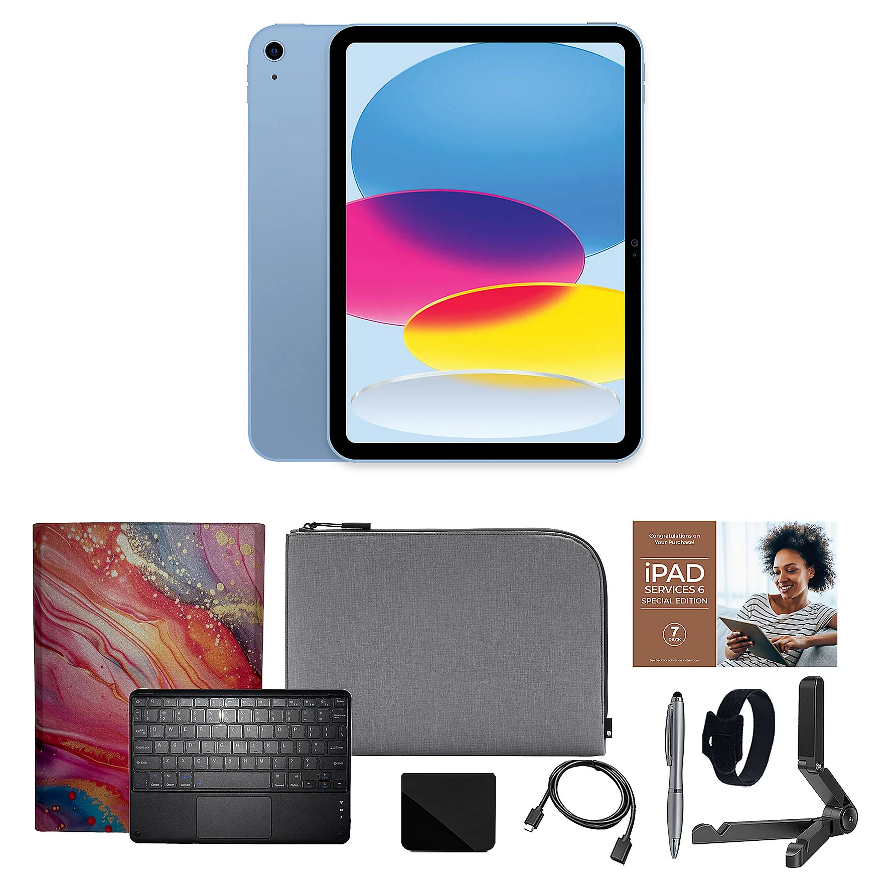 A 10.9\“ iPad in blue with a colorful display is shown alongside accessories: a colorful case, a black keyboard, a gray sleeve, a charging block with cable, and a tablet stand with a clamp.