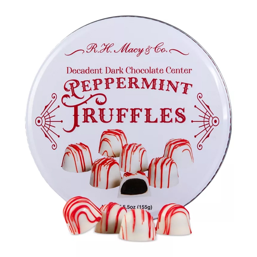 R.H. Macy & Co. Peppermint Truffles feature a dark chocolate center with a white coating and red peppermint drizzle. The container holds 5.5 oz (155g) of these festive treats.