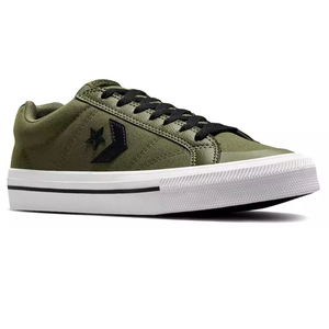 Olive green Converse casual shoe featuring a black star and chevron logo on the side, black laces, and a white rubber sole with a black stripe.