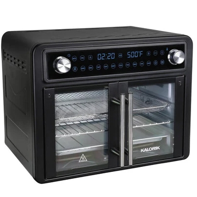 Kalorik air fryer oven with a digital display, dual French doors, and adjustable temperature and time settings, featuring multiple cooking racks.