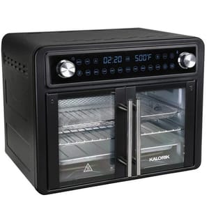 Kalorik air fryer oven with a digital display, dual French doors, and adjustable temperature and time settings, featuring multiple cooking racks.