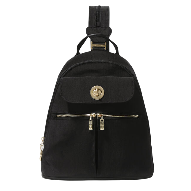A black backpack with gold-tone hardware, featuring a front turn-lock flap pocket and two zippered compartments. The strap is adjustable for versatile carrying.