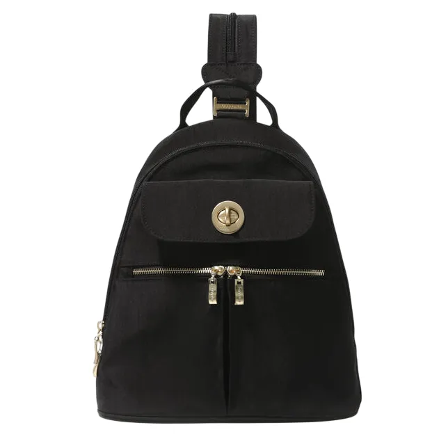 A black backpack with gold-tone hardware, featuring a front turn-lock flap pocket and two zippered compartments. The strap is adjustable for versatile carrying.