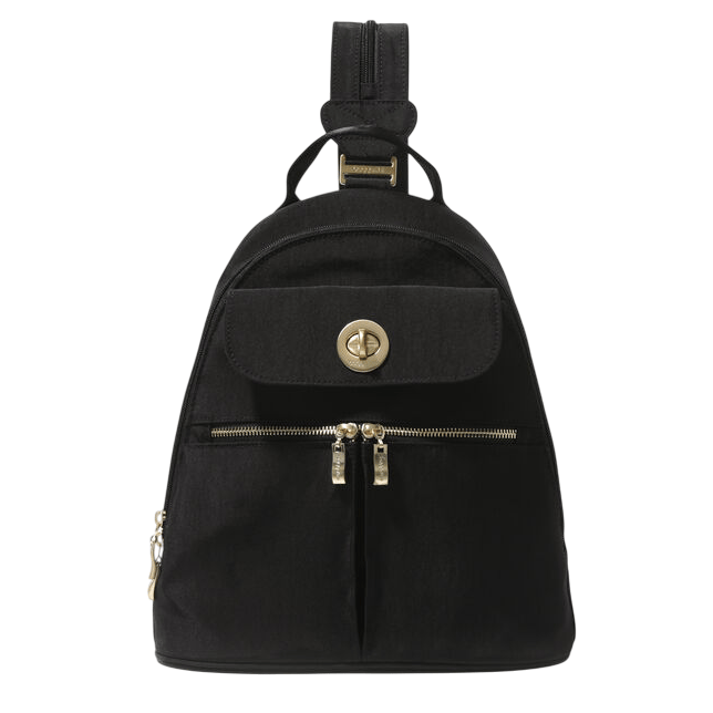 A black backpack with gold-tone hardware, featuring a front turn-lock flap pocket and two zippered compartments. The strap is adjustable for versatile carrying.
