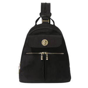 A black backpack with gold-tone hardware, featuring a front turn-lock flap pocket and two zippered compartments. The strap is adjustable for versatile carrying.
