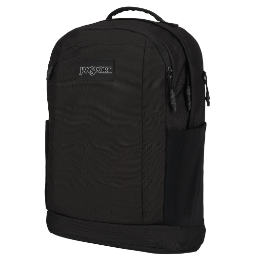 A black JanSport backpack with a minimalist design, featuring two main compartments, multiple zipper pulls, and side pockets for extra storage.