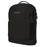 A black JanSport backpack with a minimalist design, featuring two main compartments, multiple zipper pulls, and side pockets for extra storage.