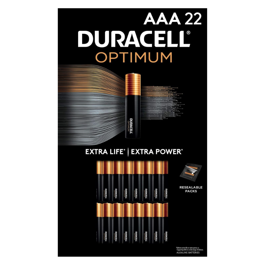 Duracell Optimum AAA 22-pack batteries offer extra life and power, featuring resealable packaging.