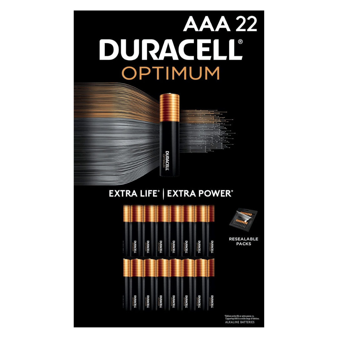 Duracell Optimum AAA 22-pack batteries offer extra life and power, featuring resealable packaging.