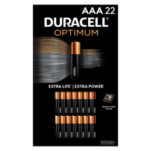Duracell Optimum AAA 22-pack batteries offer extra life and power, featuring resealable packaging.