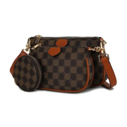 A 3-piece brown crossbody set with a geometric pattern, featuring a main zippered bag, a smaller pouch, and a round coin purse, all with matching brown straps and gold-tone hardware.