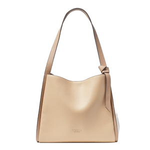 A beige Kate Spade Knott Shoulder Bag with pebbled leather texture, a knotted detail on the strap, and subtle brand logo embossing.