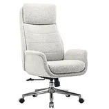 A modern office chair with a high backrest, cushioned seat, and armrests upholstered in textured light gray fabric. It features a swivel base with five wheels for mobility.