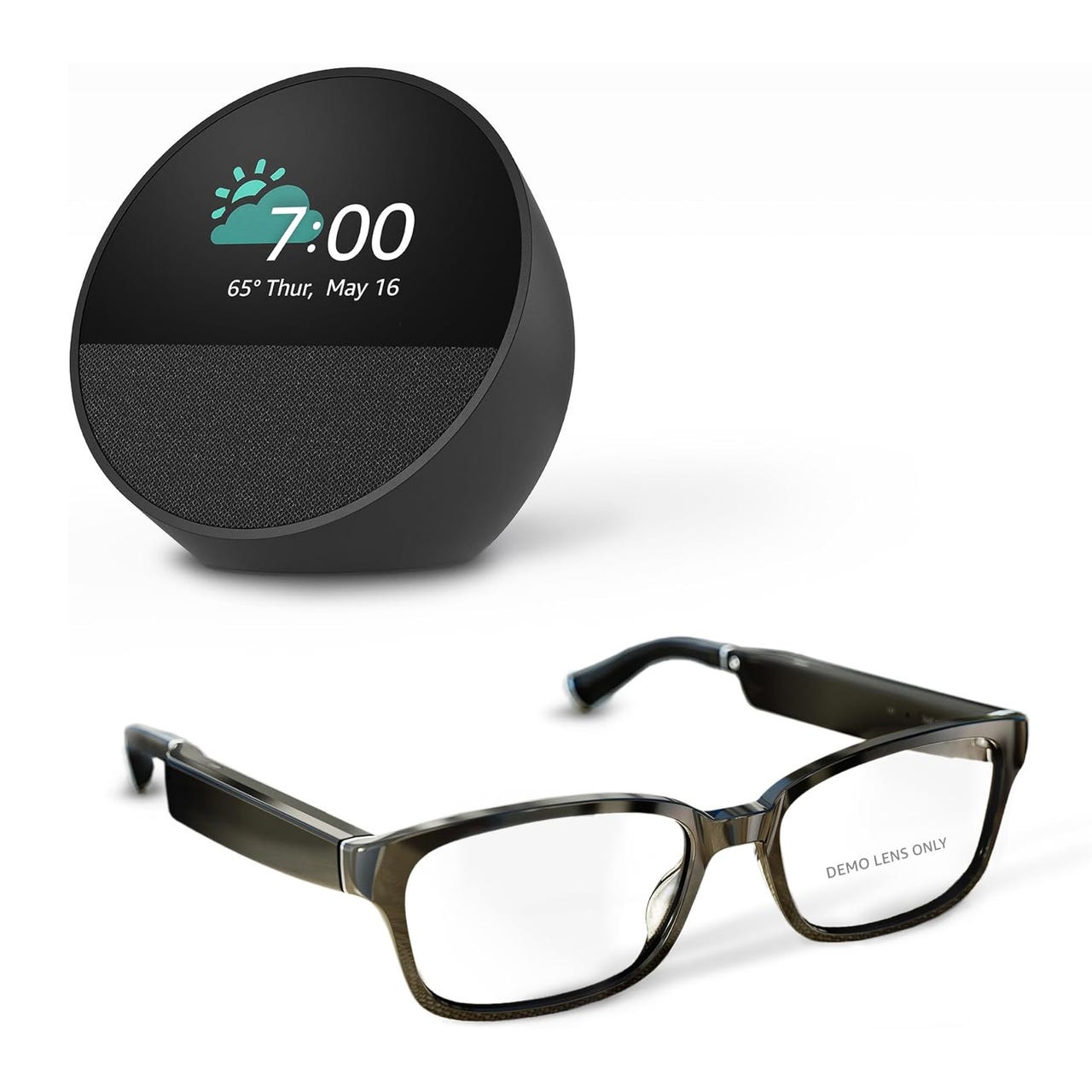 Echo Frames are smart glasses with built-in Alexa functionality, while Echo Spot is a compact, circular smart display with voice control, capable of showing information like time and weather.