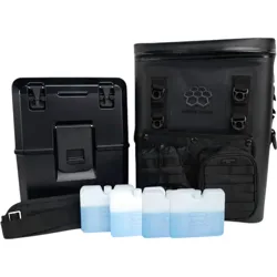 A black cooler box with a detachable strap, front compartments, and four included ice packs.