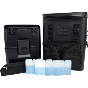 A black cooler box with a detachable strap, front compartments, and four included ice packs.