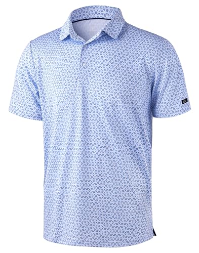 Light blue short-sleeve polo shirt with a small geometric pattern and a regular collar.