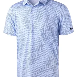 Light blue short-sleeve polo shirt with a small geometric pattern and a regular collar.