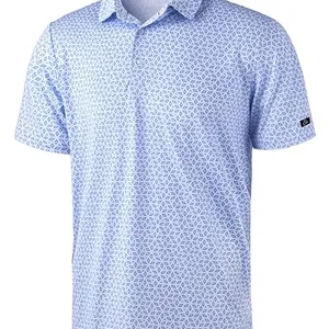 Light blue short-sleeve polo shirt with a small geometric pattern and a regular collar.