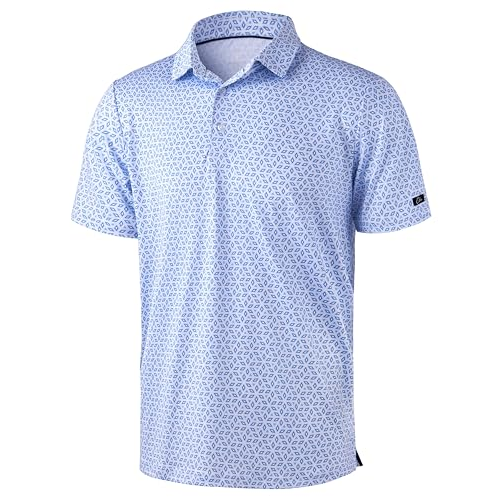 Light blue short-sleeve polo shirt with a small geometric pattern and a regular collar.