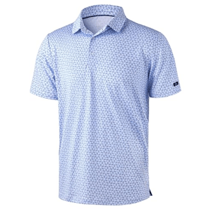 Light blue short-sleeve polo shirt with a small geometric pattern and a regular collar.