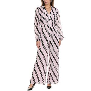 The Higos Jumpsuit features a pink and black diagonal stripe pattern, long sleeves, a collared V-neck, and a loose, flowing fit. It is paired with black heels for an elegant look.