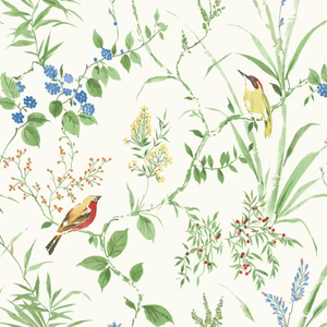 Print of tropical foliage and birds on a light background, suitable for wallpaper or fabric design.