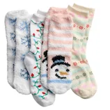 Four pairs of cozy socks with festive designs, including snowflakes, holiday lights, a snowman, and colorful snowflakes, in soft winter colors.