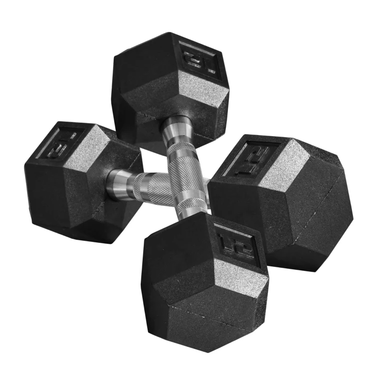 Pair of rubber-coated hex dumbbells, each weighing 12 pounds, with textured metal handles for a secure grip.