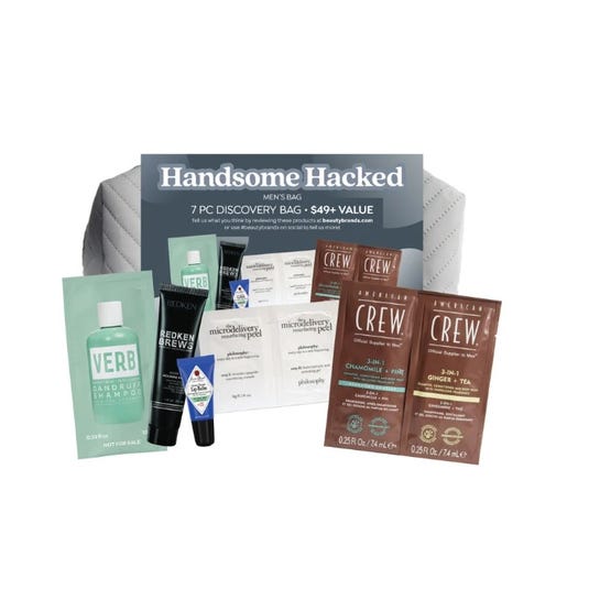 Handsome Hacked men's bag contains a Verb dandruff shampoo, Redken Brews product, Jack Black facial moisturizer, Philosophy microdelivery peel packet, and American Crew 3-in-1 sachets.