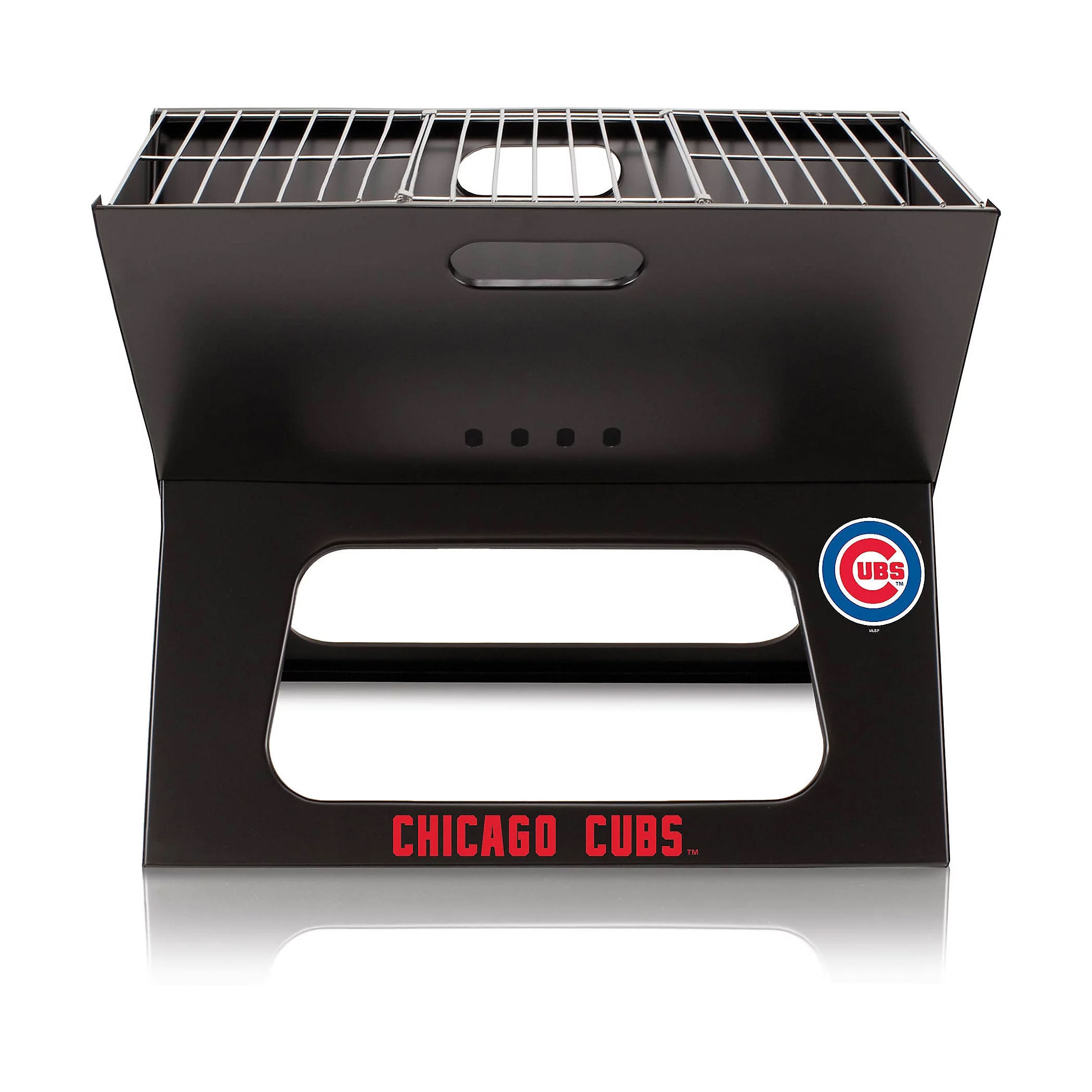 A black portable charcoal grill featuring the Chicago Cubs logo and team name. It has a foldable design with a metal cooking grate on top.