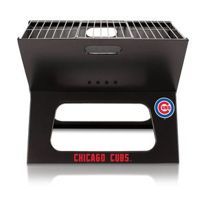 A black portable charcoal grill featuring the Chicago Cubs logo and team name. It has a foldable design with a metal cooking grate on top.