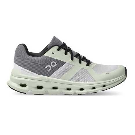 On Running Cloudrunner shoes feature a light green and gray color scheme with a cushioned sole designed for comfort and support, incorporating the brand's signature CloudTec technology for enhanced performance during runs.