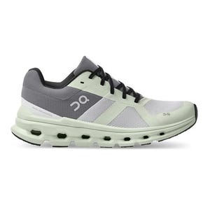On Running Cloudrunner shoes feature a light green and gray color scheme with a cushioned sole designed for comfort and support, incorporating the brand's signature CloudTec technology for enhanced performance during runs.