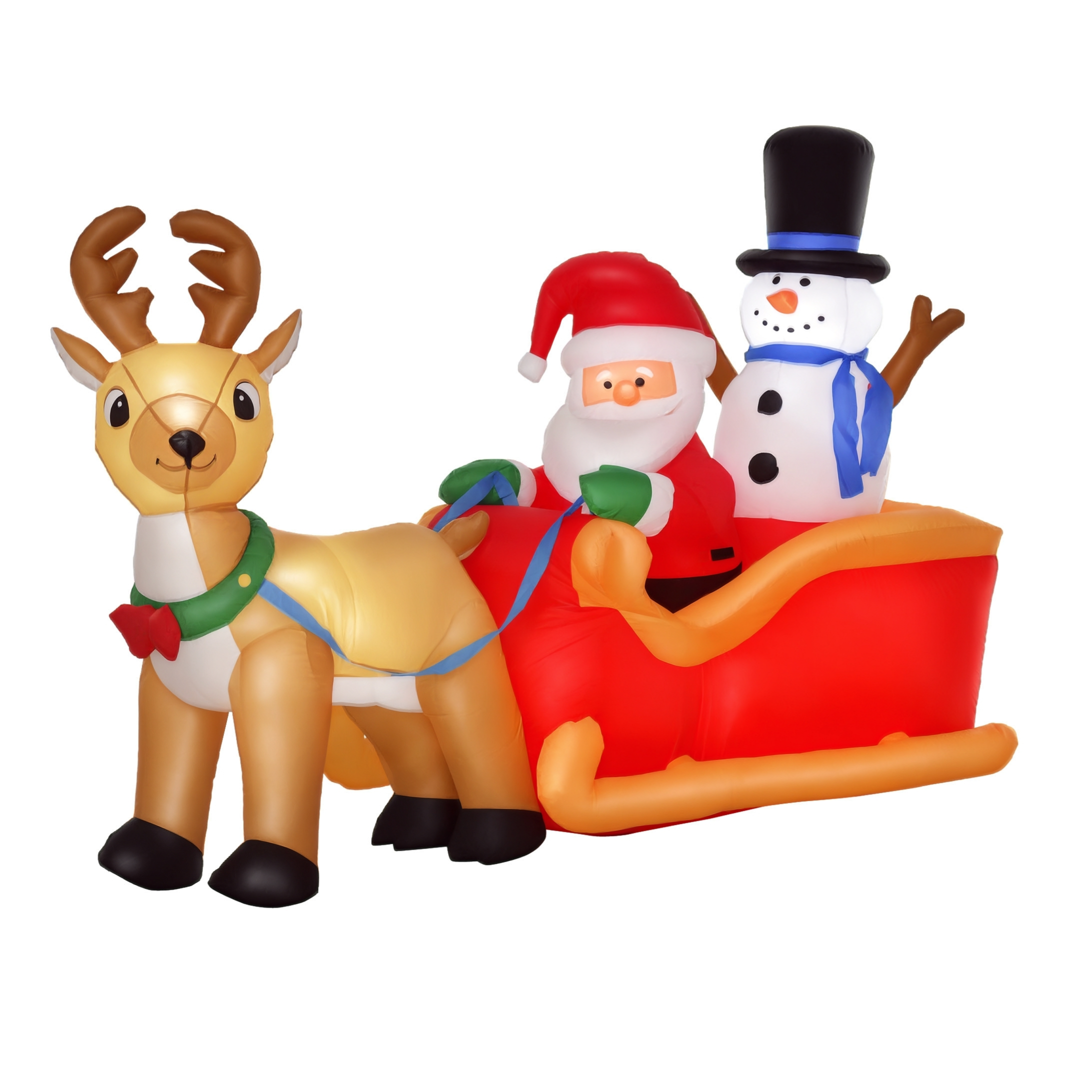 An inflatable Christmas decoration featuring a reindeer, Santa Claus, and a snowman on a red sleigh.