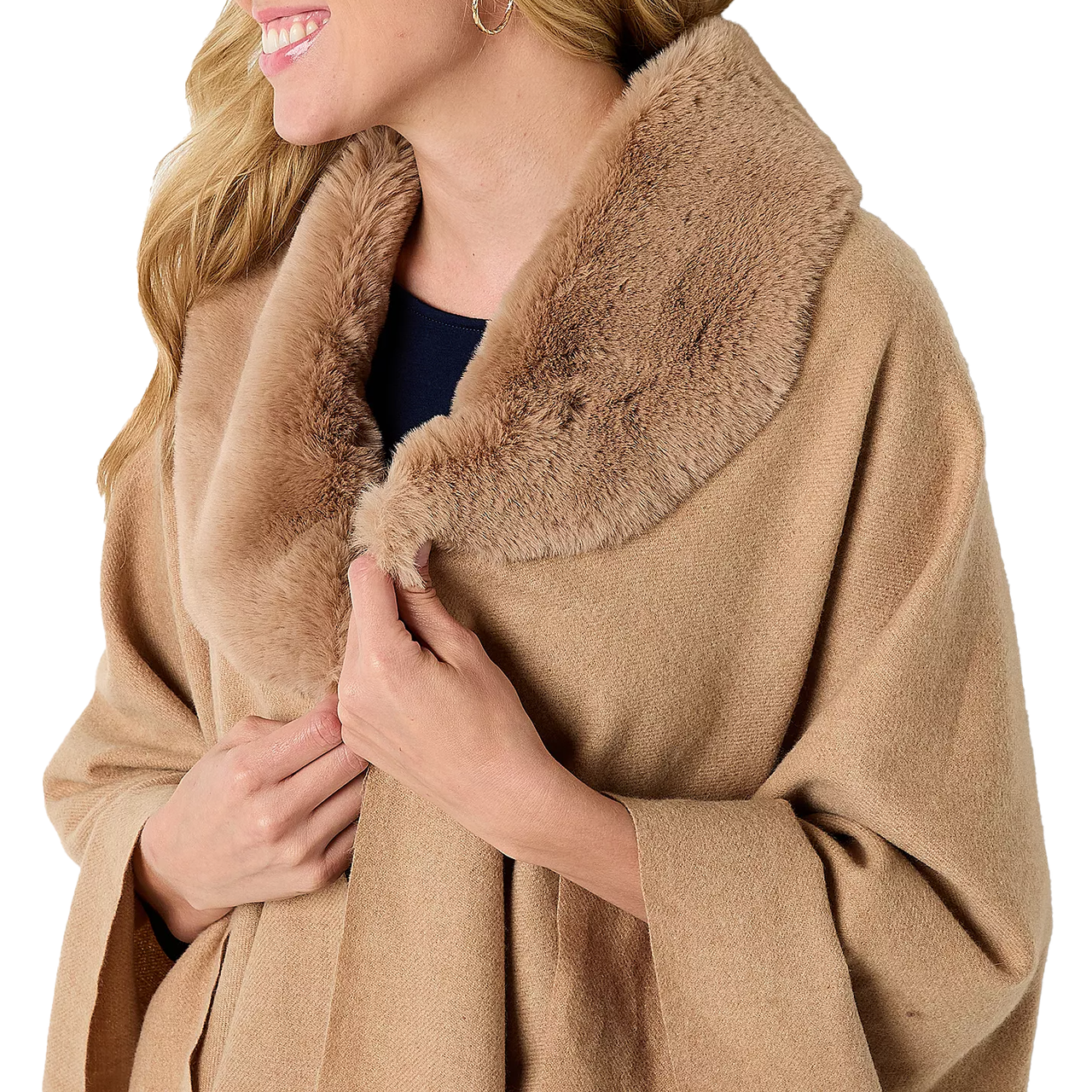 A beige wrap with a soft, plush faux-fur collar, designed by Liz Claiborne. The wrap offers a cozy and elegant look, suitable for keeping warm in cooler weather.