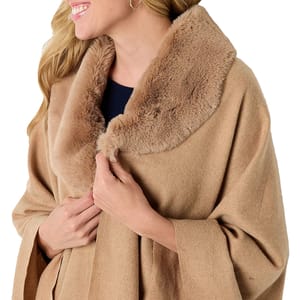 A beige wrap with a soft, plush faux-fur collar, designed by Liz Claiborne. The wrap offers a cozy and elegant look, suitable for keeping warm in cooler weather.