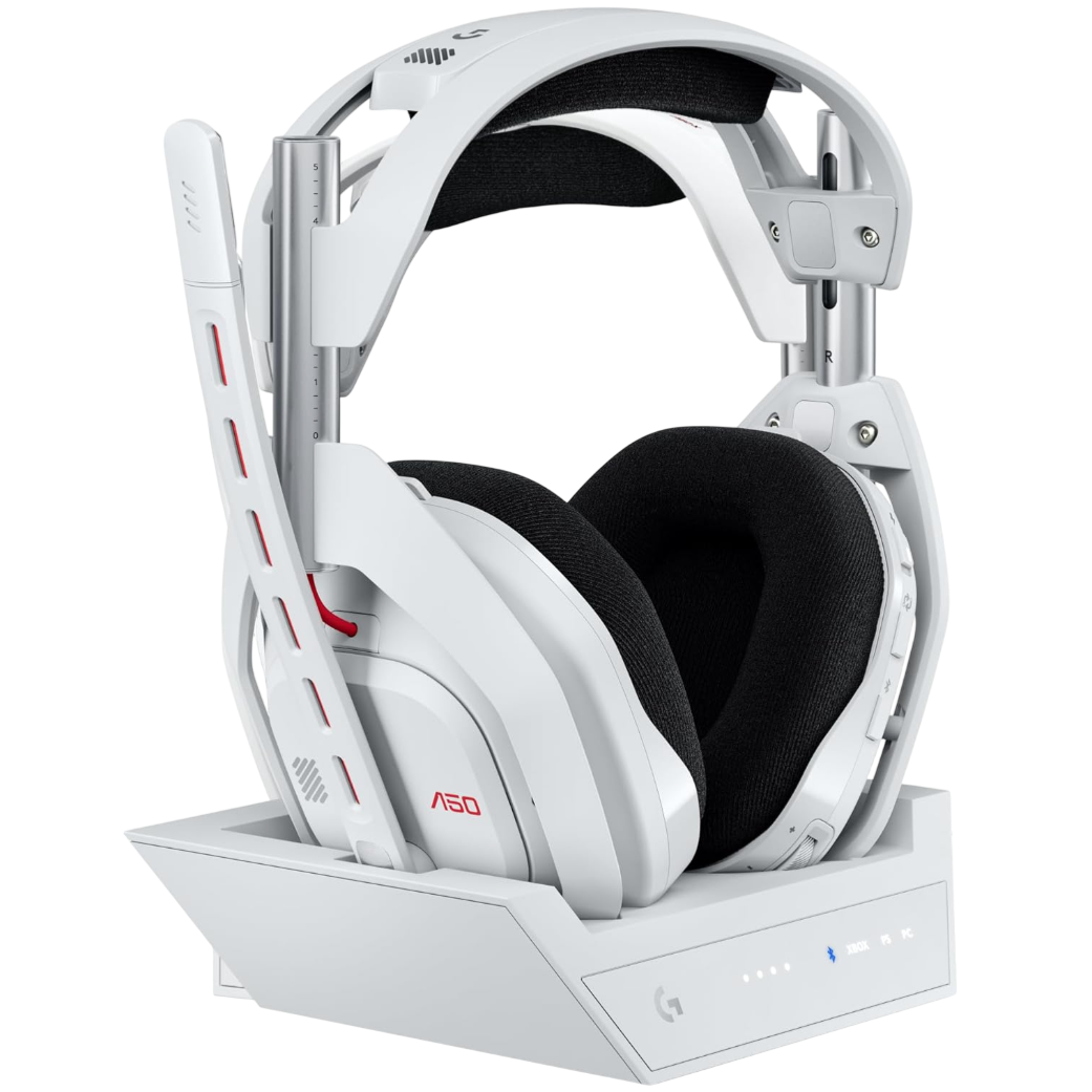 White Astro A50 wireless gaming headset on a charging base with branding for Xbox, PC, and PS. It features over-ear cushioned earcups, a flexible microphone, and a sleek design suitable for gaming use.