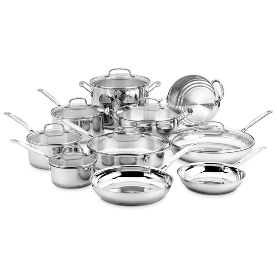 A 12-piece stainless steel cookware set, including pots, pans, and a steamer insert, all with lids and long handles.