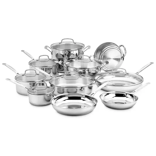 A 12-piece stainless steel cookware set, including pots, pans, and a steamer insert, all with lids and long handles.